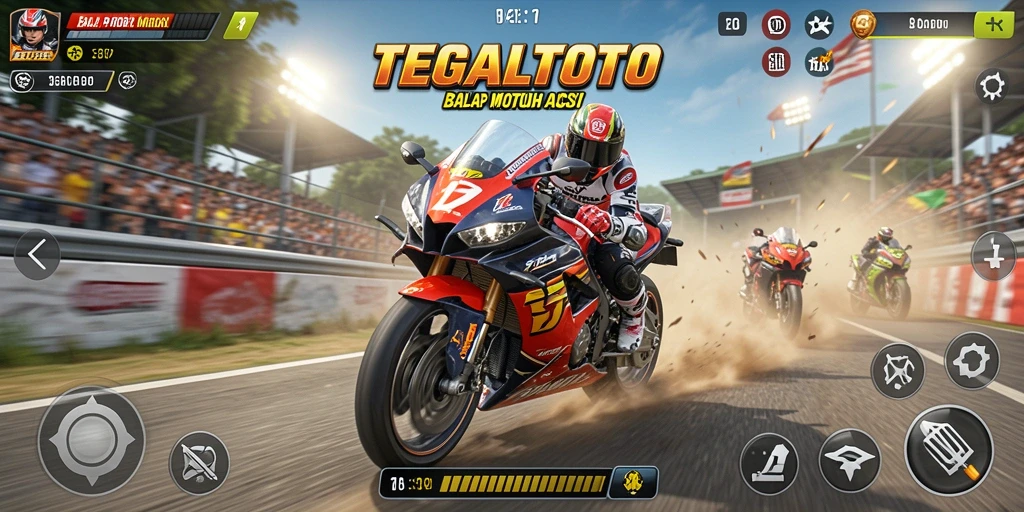 Screenshot gameplay TEGALTOTO menampilkan aksi balap motor yang mendebarkan.