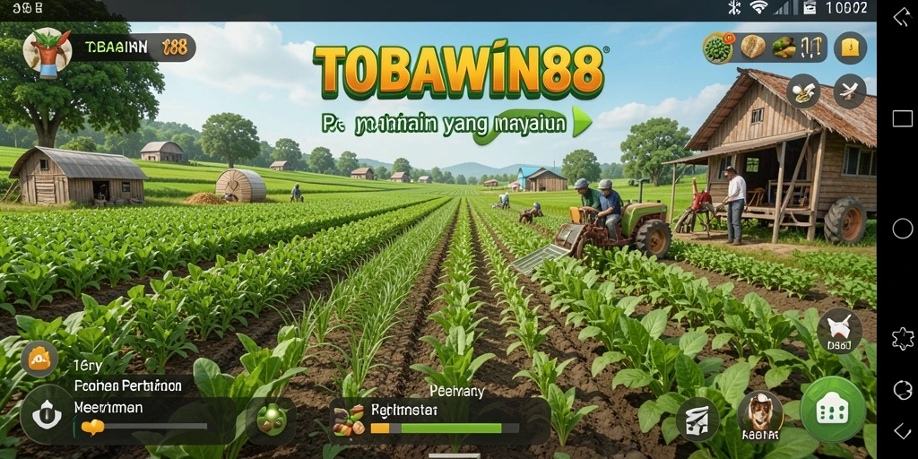 Screenshot utama TOBAWIN88 menampilkan aktivitas bertani yang mengasyikkan.